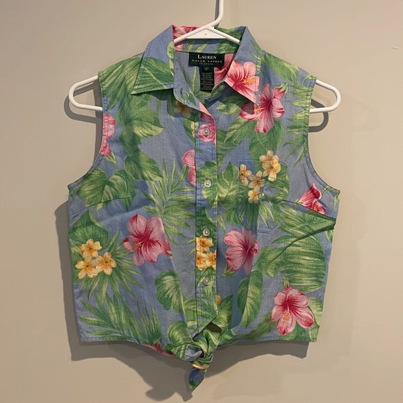 Vintage Tops - Vintage Lauren Ralph Lauren Front Tie Button Down Floral Hawaiian Shirt